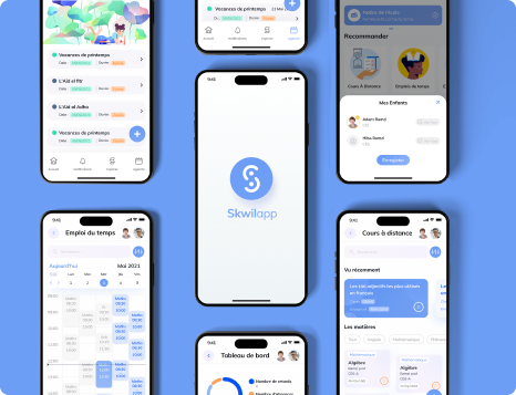 Skwilapp school management app — gallery of mobile UI screens showing student grades and schedules